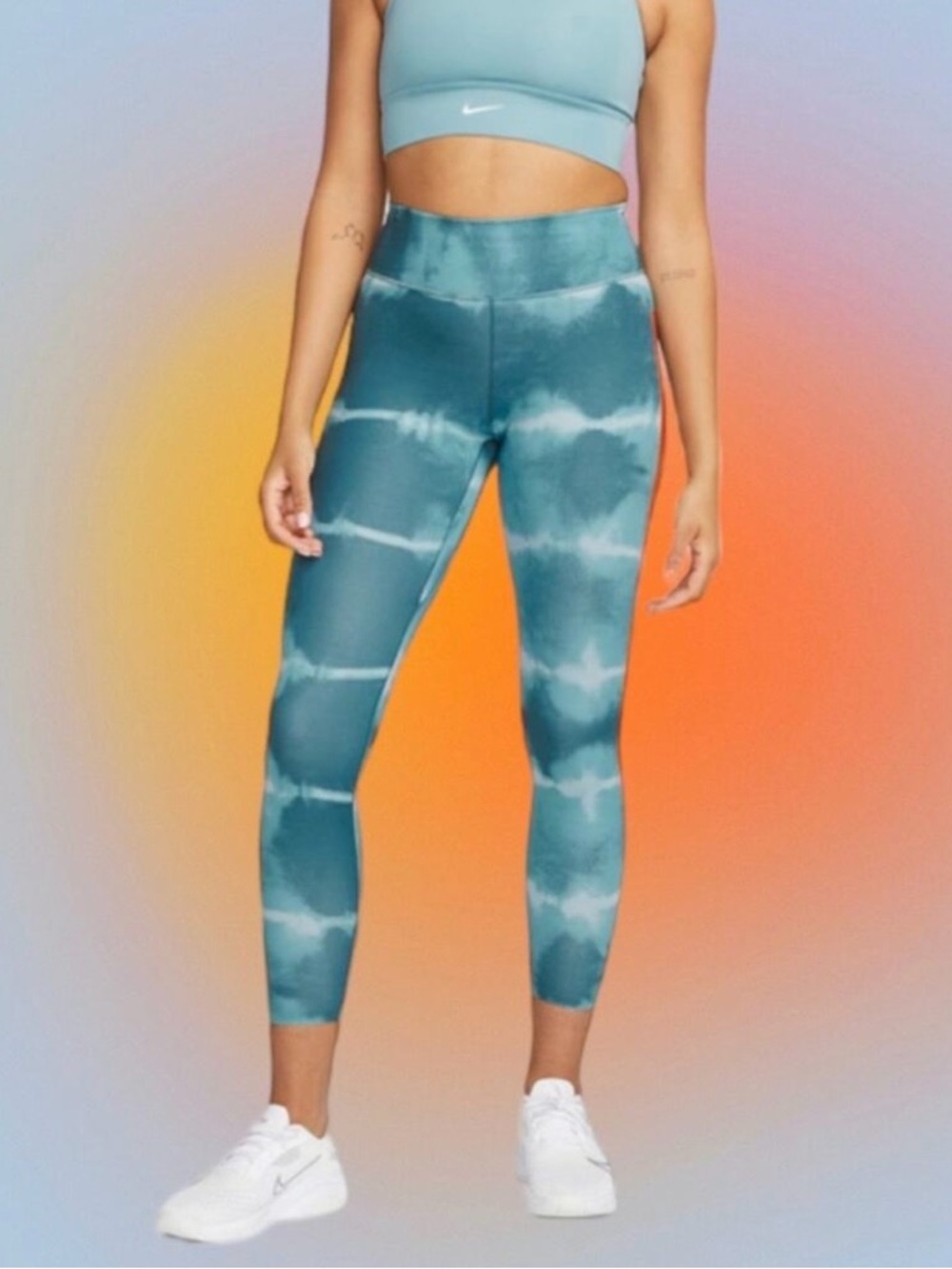 Nike Dri-fit Training Teal Tie-Dye Leggings Bright Orange Stripe Full Length